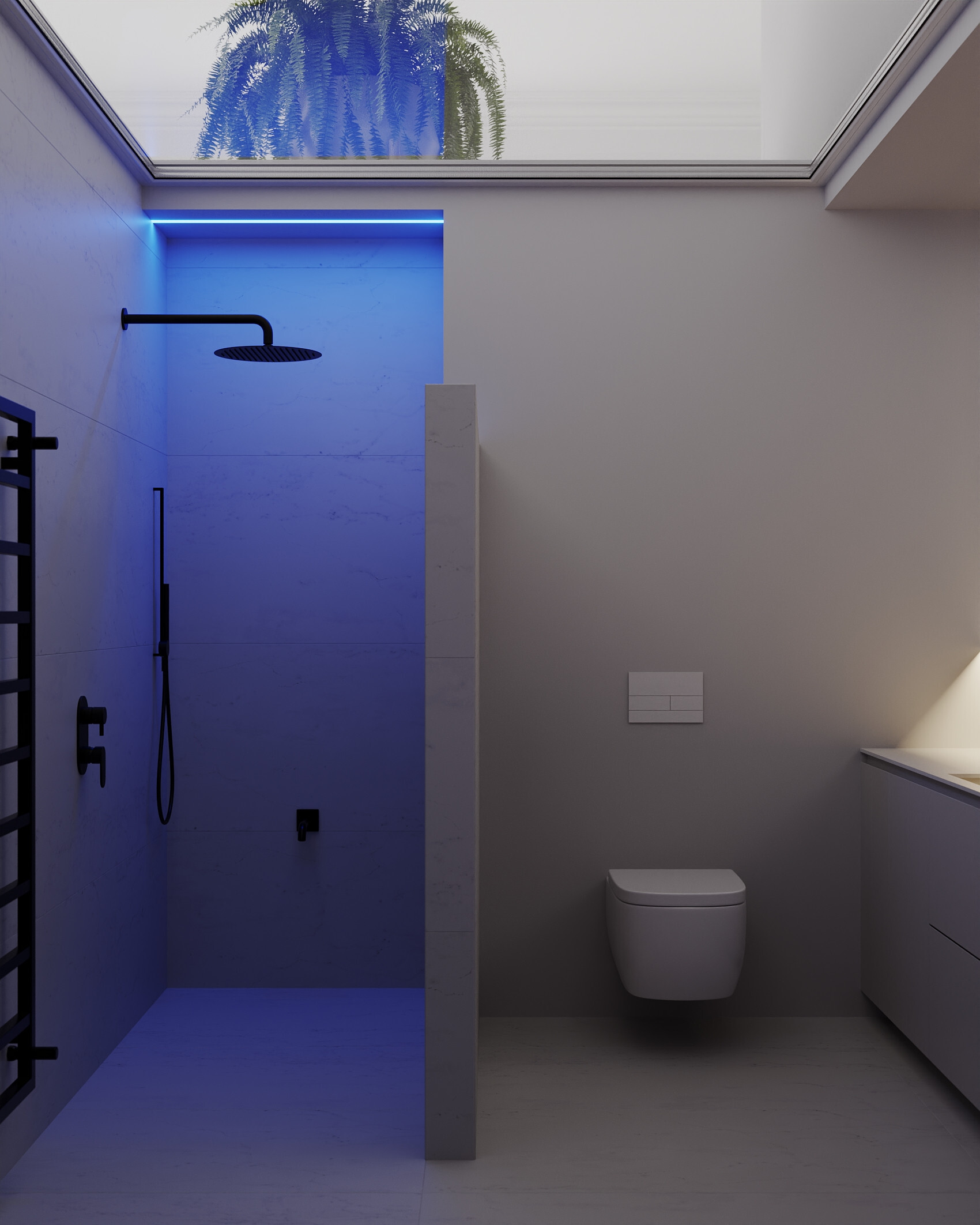 Интерьер ванной cветовыми линиями, подсветкой настенной, подсветкой светодиодной и с подсветкой в современном стиле