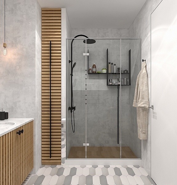 Интерьер ванной с душевой из плитки и без дверей в современном стиле и в стиле лофт