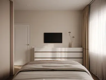 Интерьер спальни с телевизором на стене  смотреть на Basicdecor