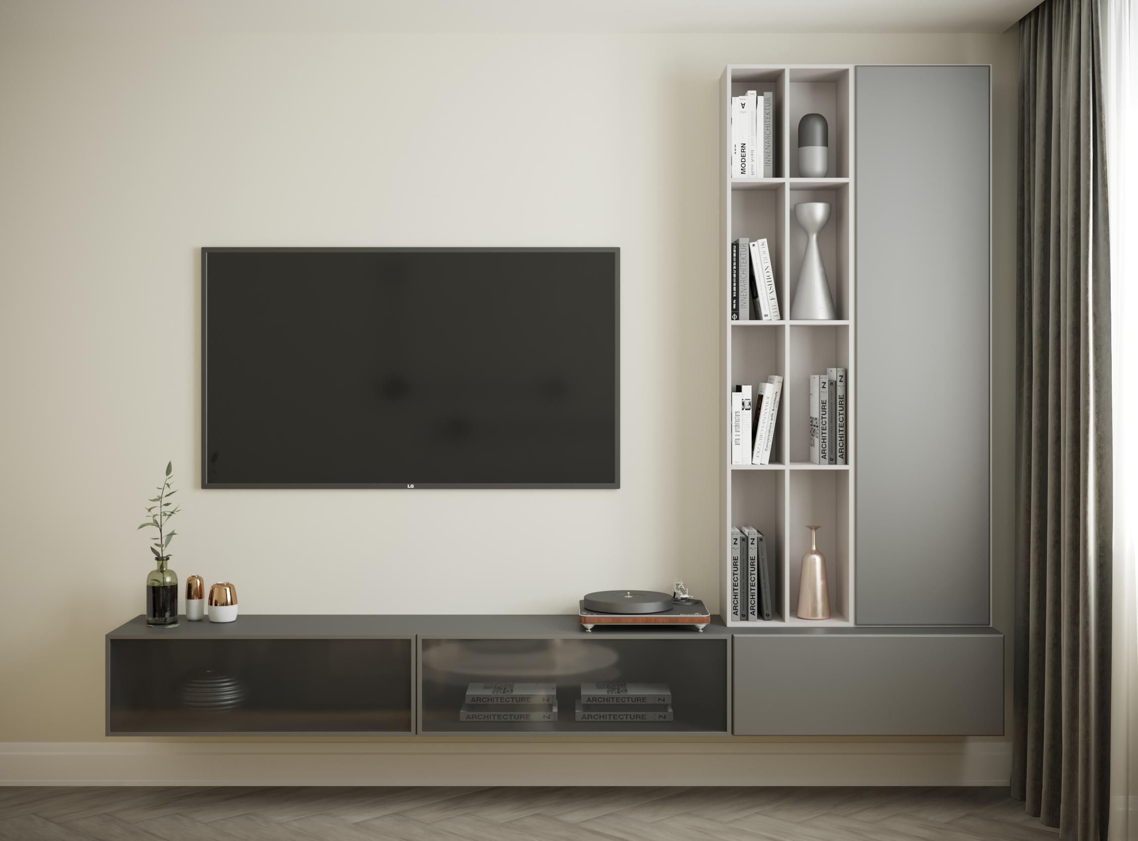 Интерьер гостиной cтеной с телевизором, телевизором на стене и керамогранитом на стену с телевизором