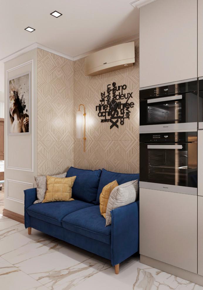 Интерьер кухни с панно за телевизором, подсветкой настенной и светильниками над кроватью в неоклассике и в стиле лофт