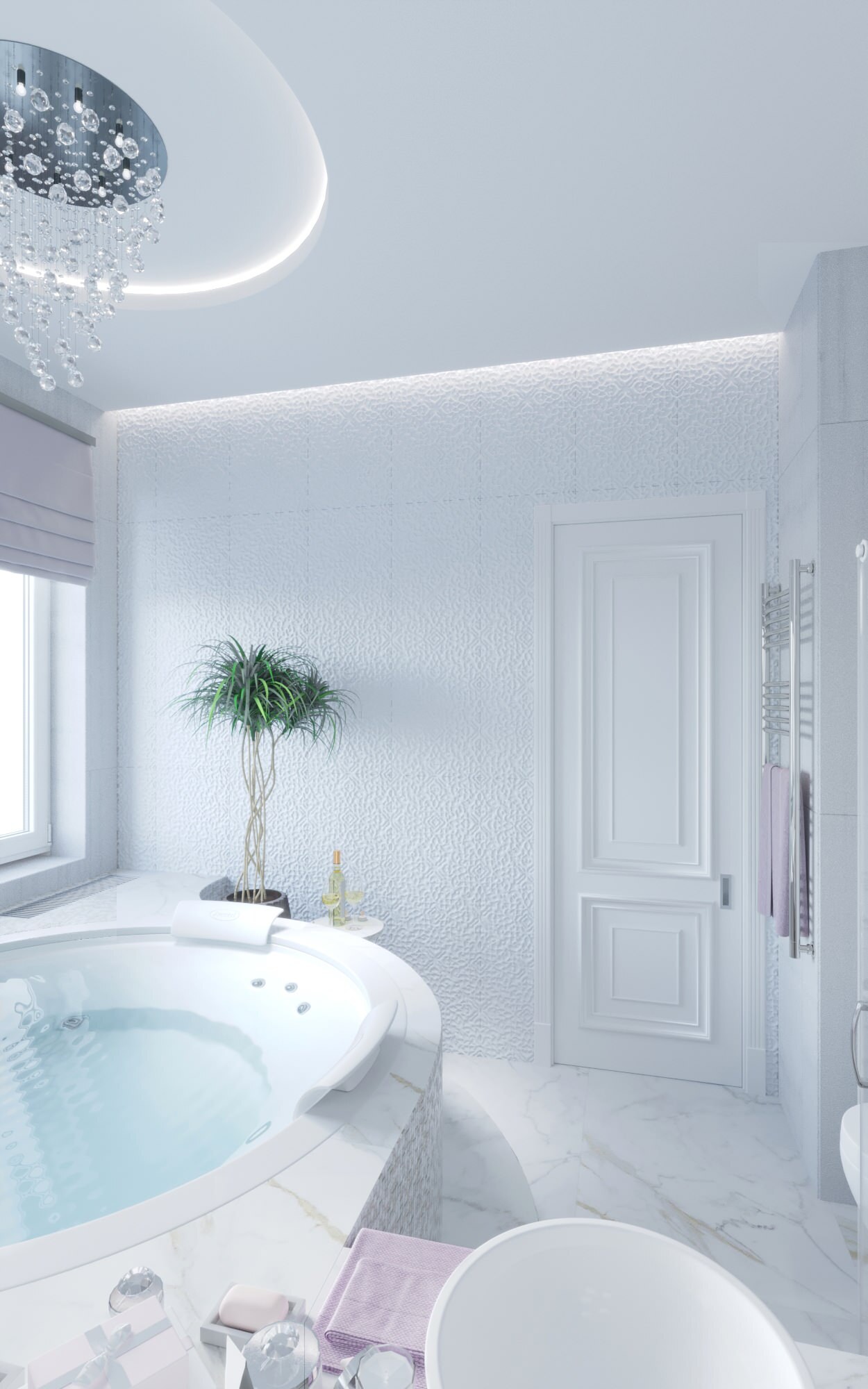 Интерьер ванной cветовыми линиями и подсветкой светодиодной в неоклассике