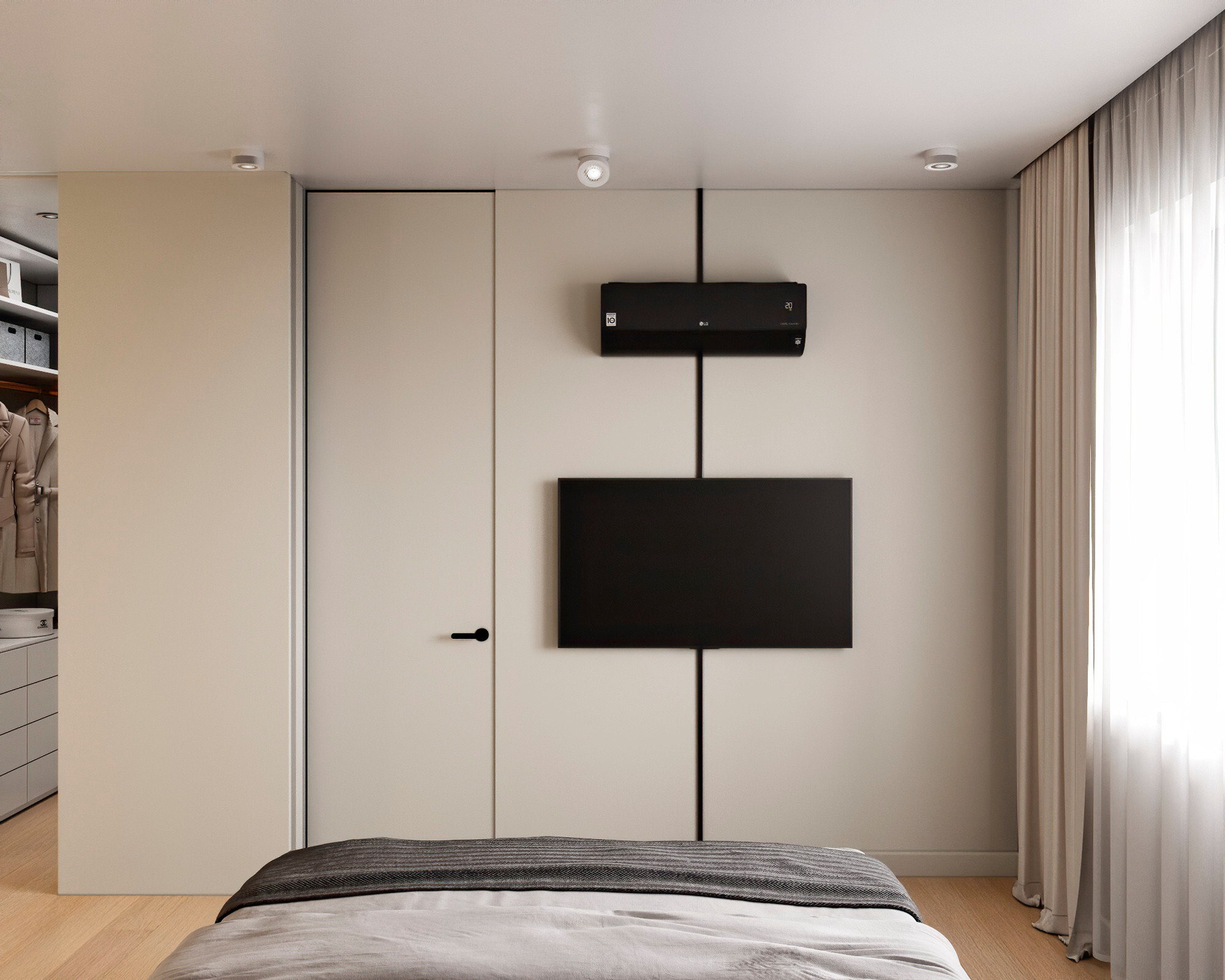 Интерьер спальни cтеной с телевизором в современном стиле