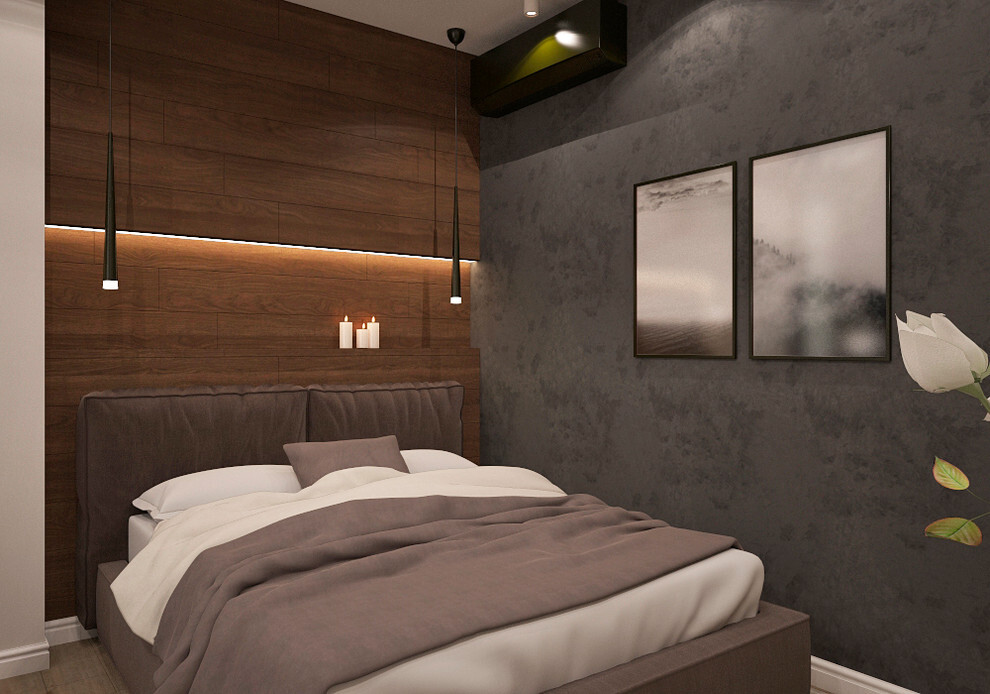 Интерьер спальни с нишей с подсветкой, рейками с подсветкой, бра над кроватью, подсветкой настенной, подсветкой светодиодной, светильниками над кроватью и с подсветкой в современном стиле