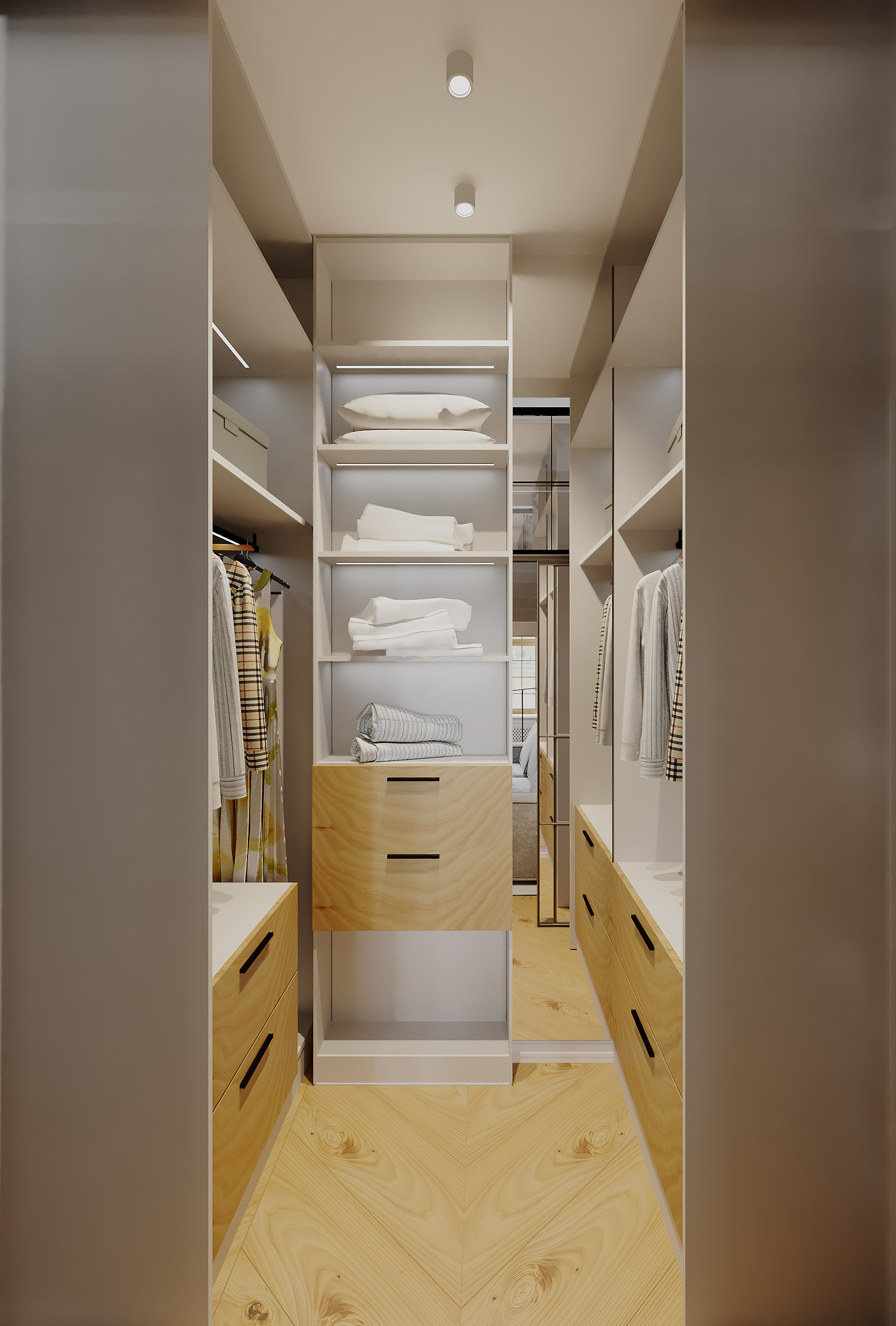 Интерьер гардеробной с гардеробной, в деревянном доме, проходной, кладовкой, гардеробной со шторой и шкафом у кровати