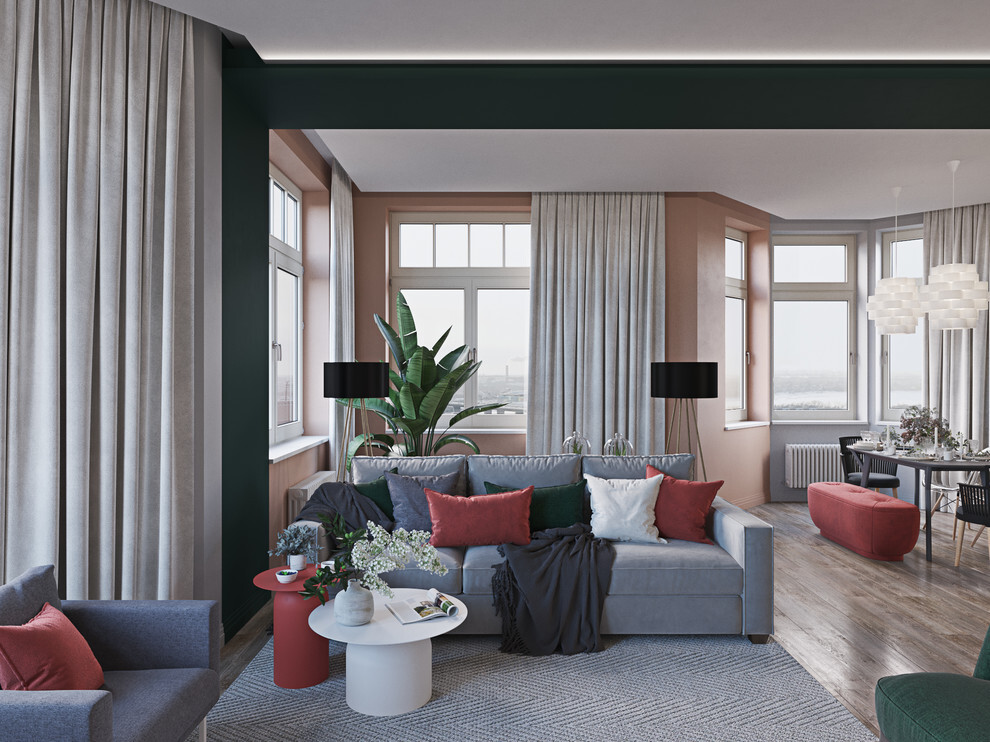 Интерьер гостиной с балконом, вертикальными жалюзи и рейками с подсветкой в современном стиле