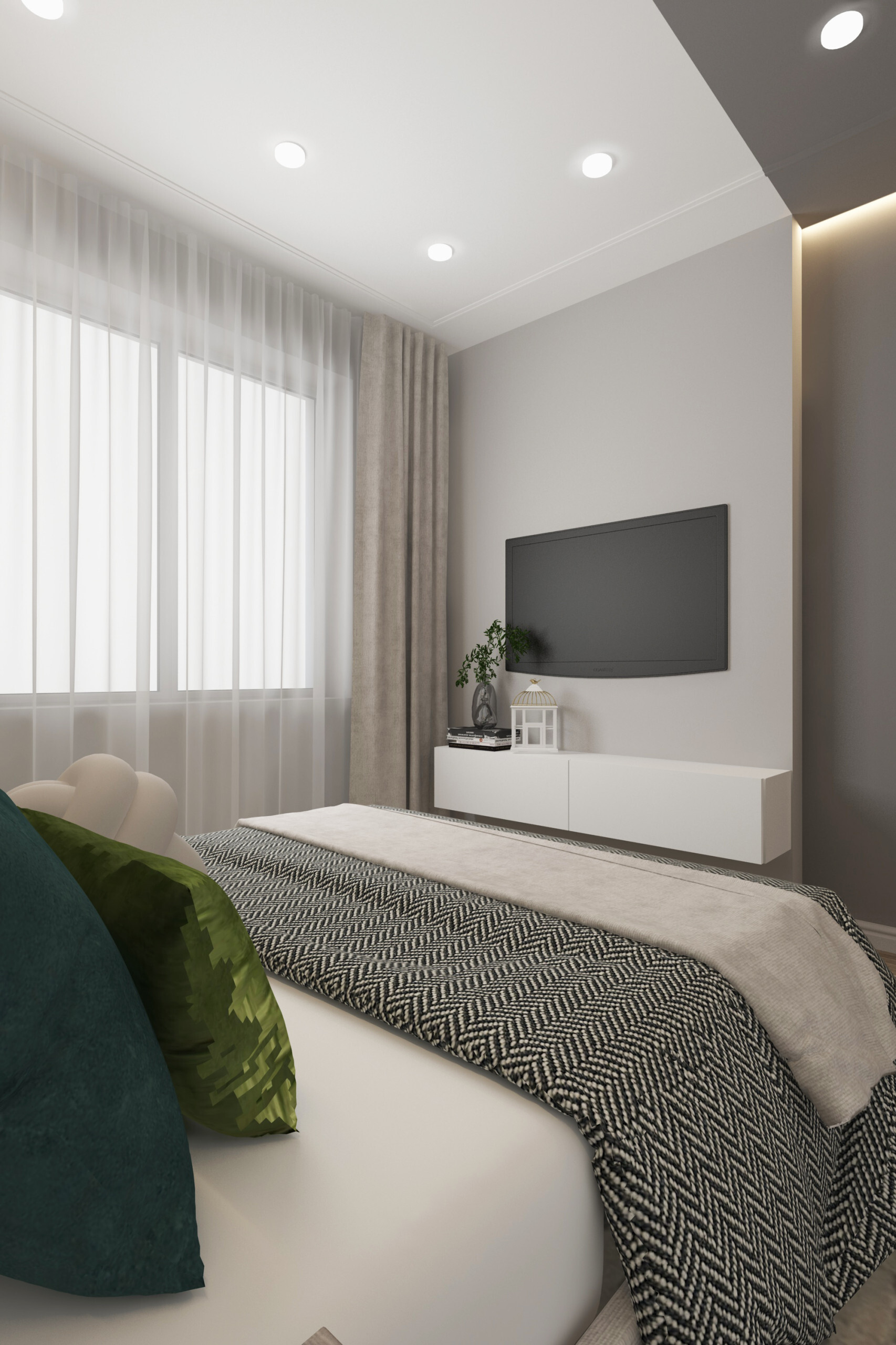 Интерьер спальни с керамогранитом на стену с телевизором в современном стиле