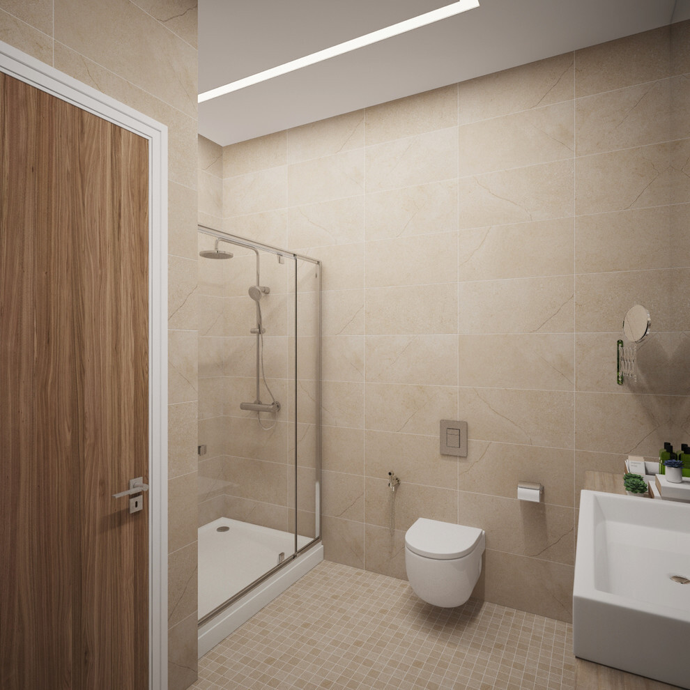 Интерьер ванной cауной, подсветкой настенной и подсветкой светодиодной