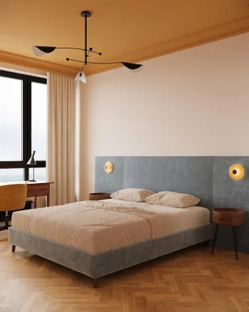 Интерьер спальни cветильниками над кроватью и с подсветкой  смотреть на Basicdecor