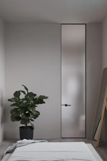 Интерьер спальни с зеркалом на двери  смотреть на Basicdecor