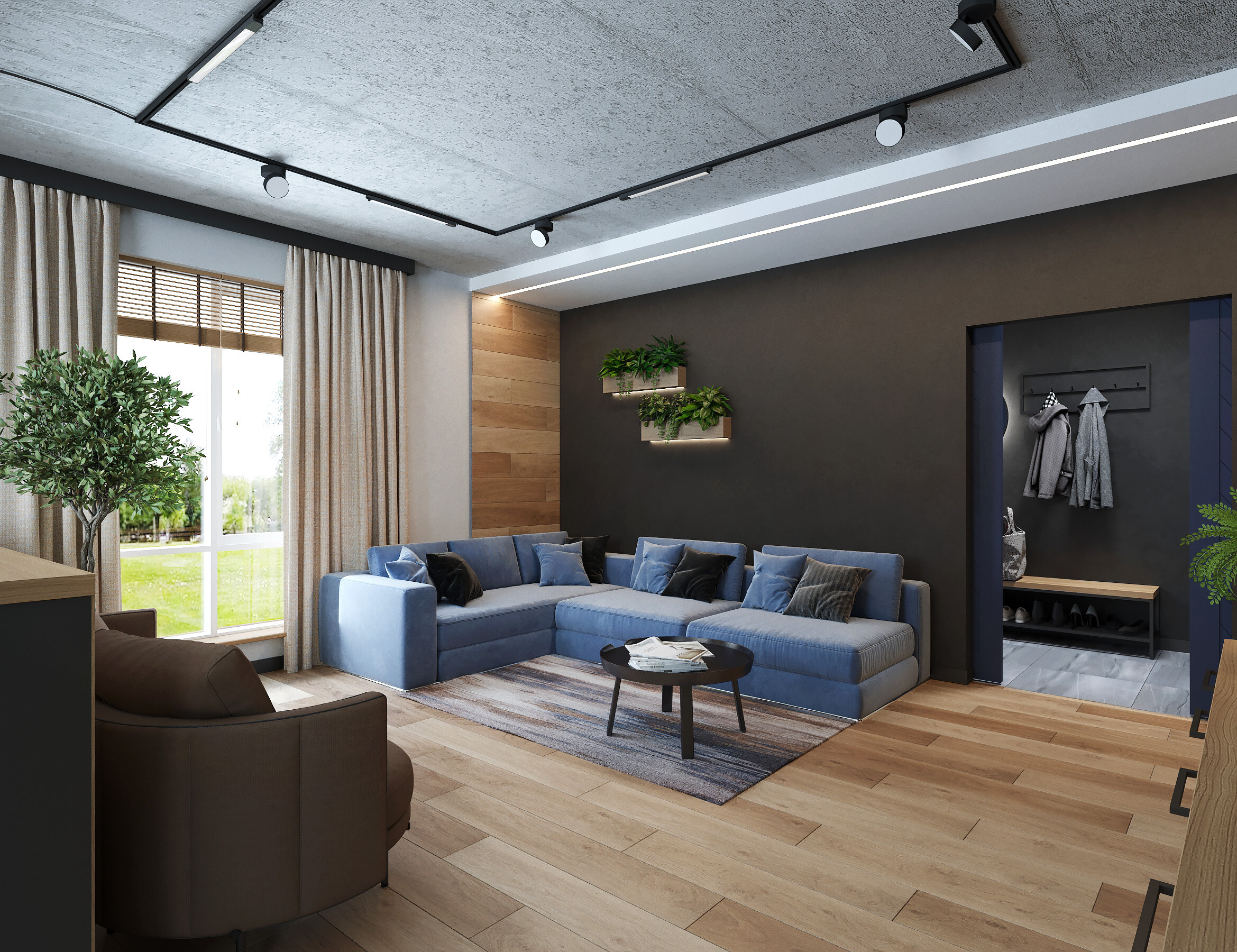 Интерьер гостиной с подсветкой настенной, подсветкой светодиодной и с подсветкой в стиле лофт и скандинавском стиле
