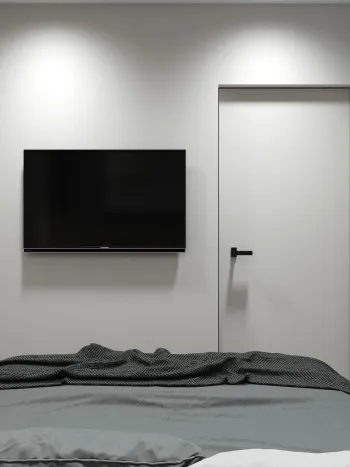 Интерьер спальни с телевизором на стене  смотреть на Basicdecor
