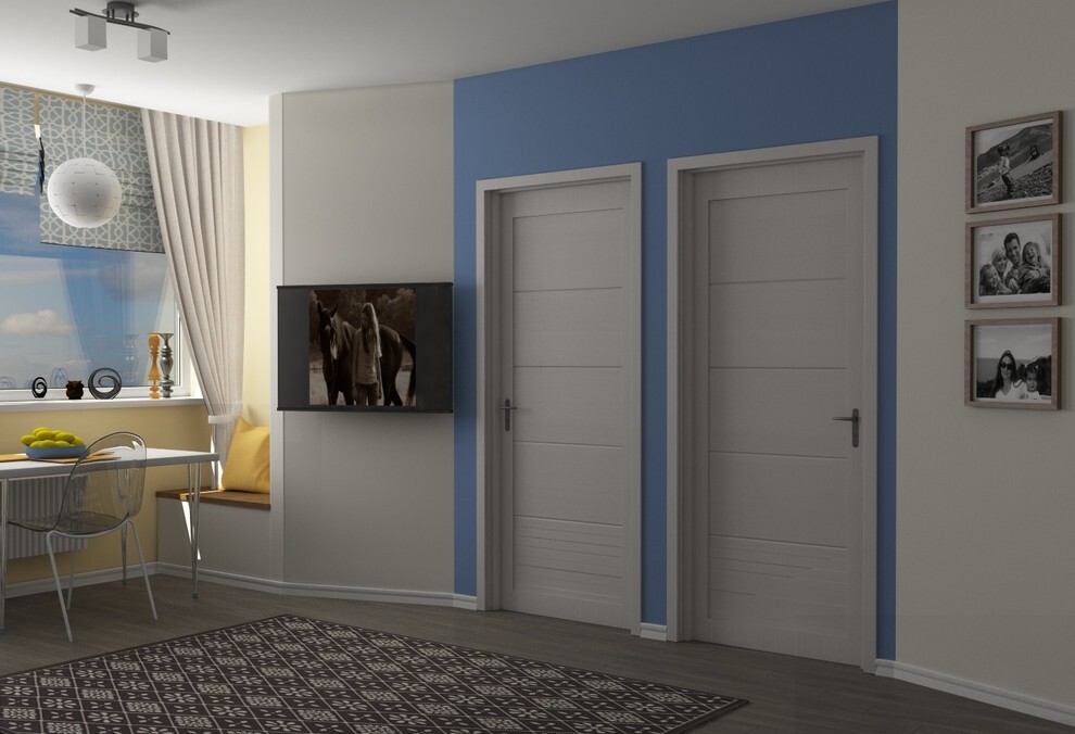 Интерьер прихожей с две двери и дверными жалюзи в современном стиле