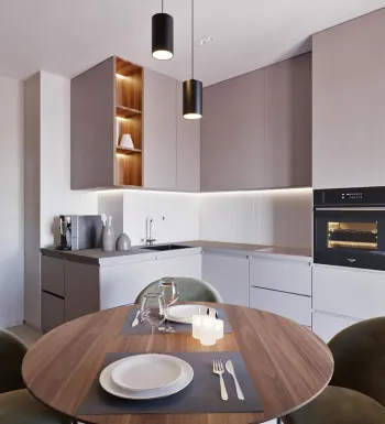 Интерьер кухни cветильниками над столом  смотреть на Basicdecor