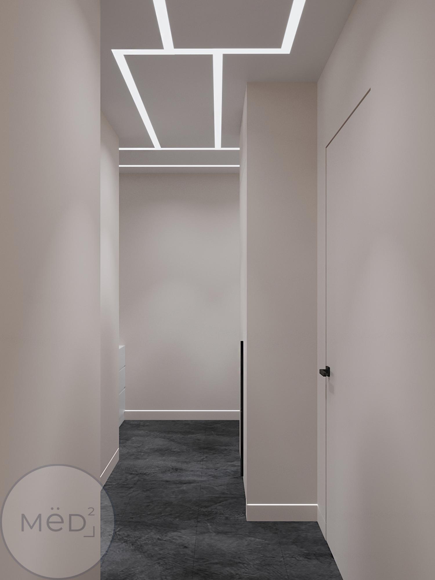 Интерьер коридора с нишей с подсветкой, световыми линиями, рейками с подсветкой, подсветкой настенной, подсветкой светодиодной и с подсветкой