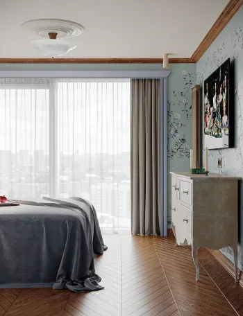 Интерьер спальни с жалюзи  смотреть на Basicdecor