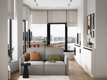 Интерьер гостиной с жалюзи и дверными жалюзи  смотреть на Basicdecor