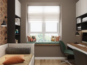 Интерьер c рабочим местом и жалюзи в современном стиле смотреть на Basicdecor