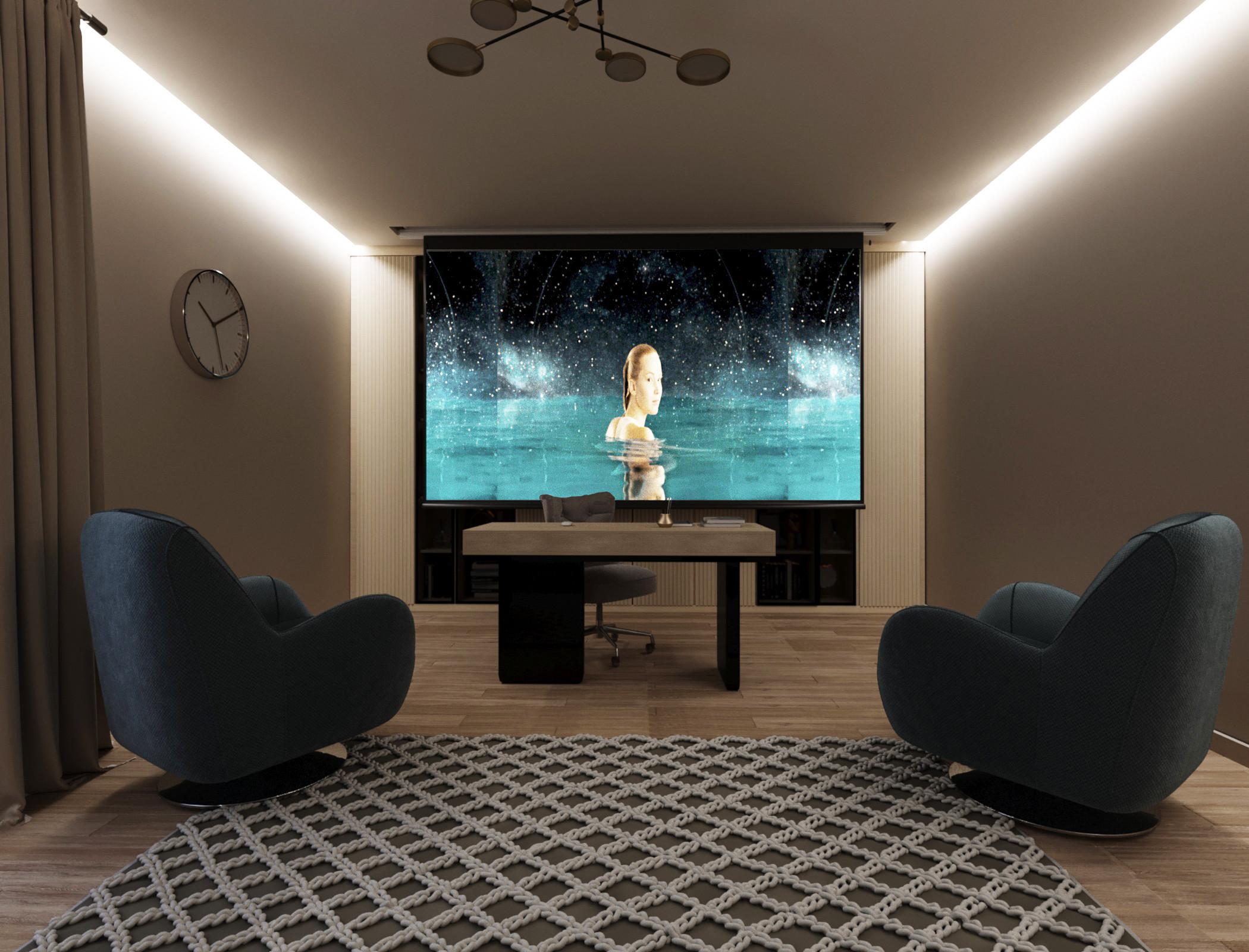 Интерьер кабинета с домашним кинотеатром в современном стиле