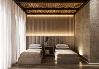 Интерьер спальни cветильниками над кроватью и две кровати  смотреть на Basicdecor