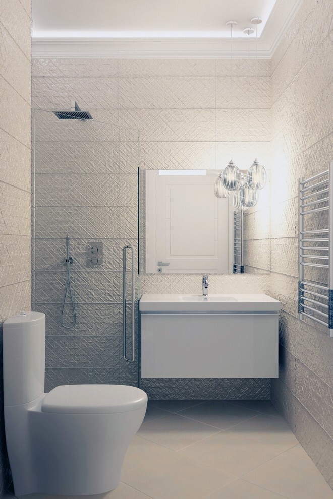 Интерьер ванной с душевой из плитки в неоклассике и в стиле лофт