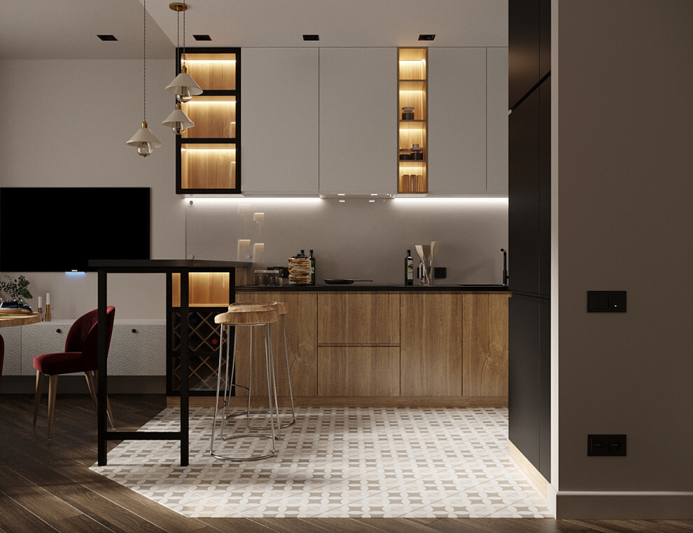 Интерьер кухни cветовыми линиями, подсветкой настенной и подсветкой светодиодной в современном стиле