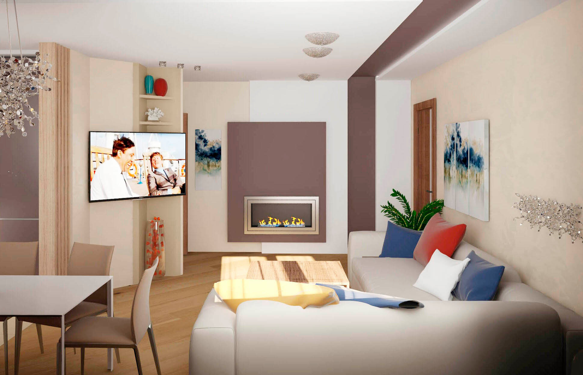 Интерьер гостиной с керамогранитом на стену с телевизором и подсветкой настенной в современном стиле