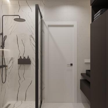 Интерьер ванной с проходной и зеркалом на двери  смотреть на Basicdecor