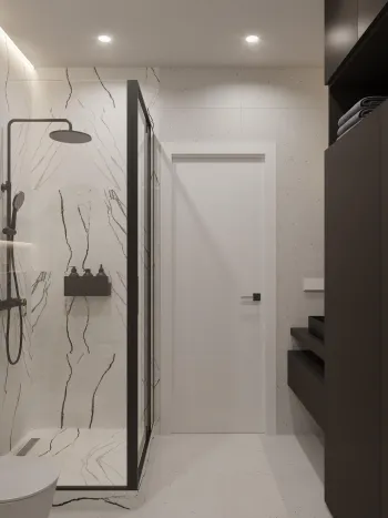 Интерьер ванной с проходной и зеркалом на двери  смотреть на Basicdecor
