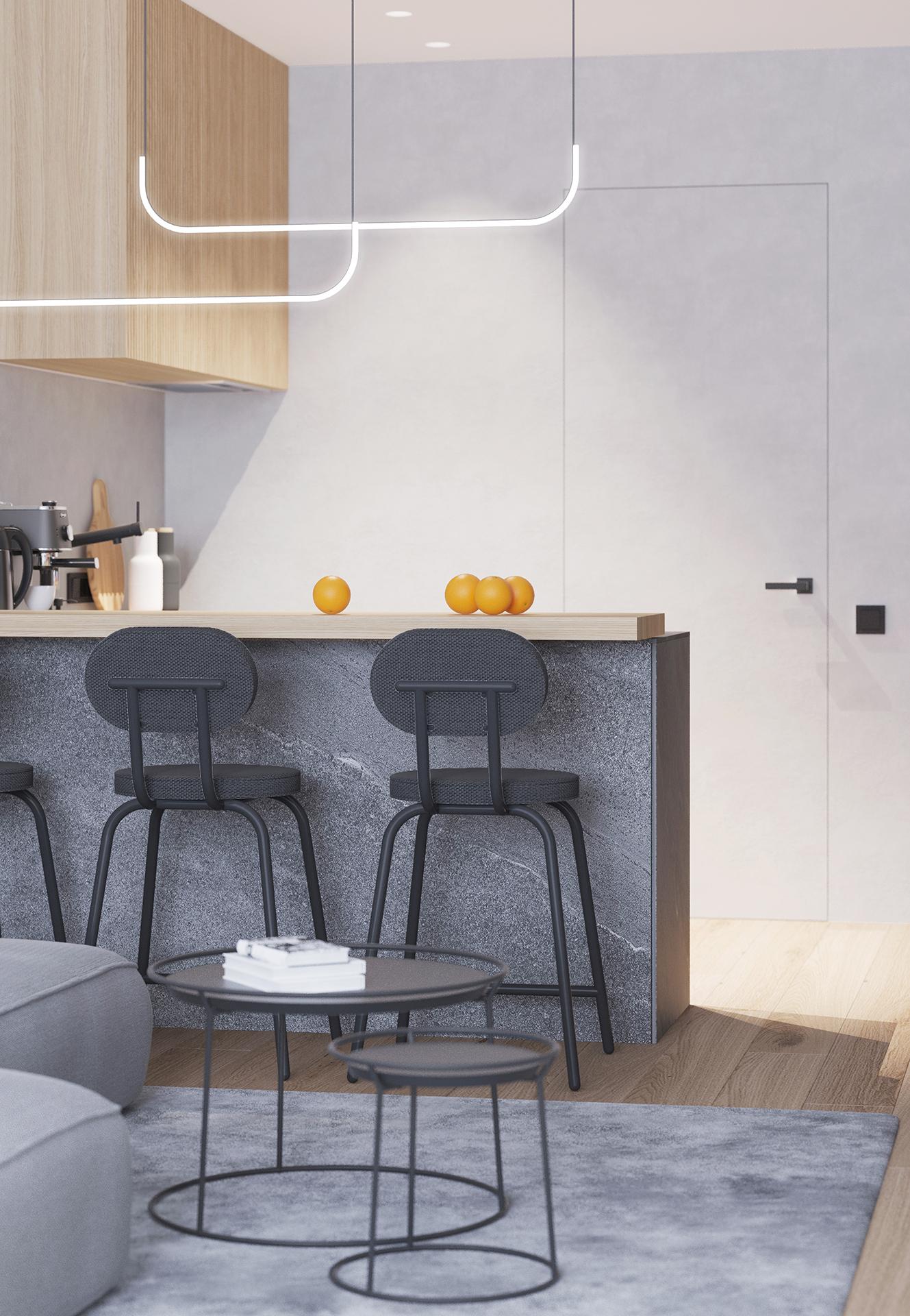 Интерьер кухни cветовыми линиями и подсветкой светодиодной в стиле лофт