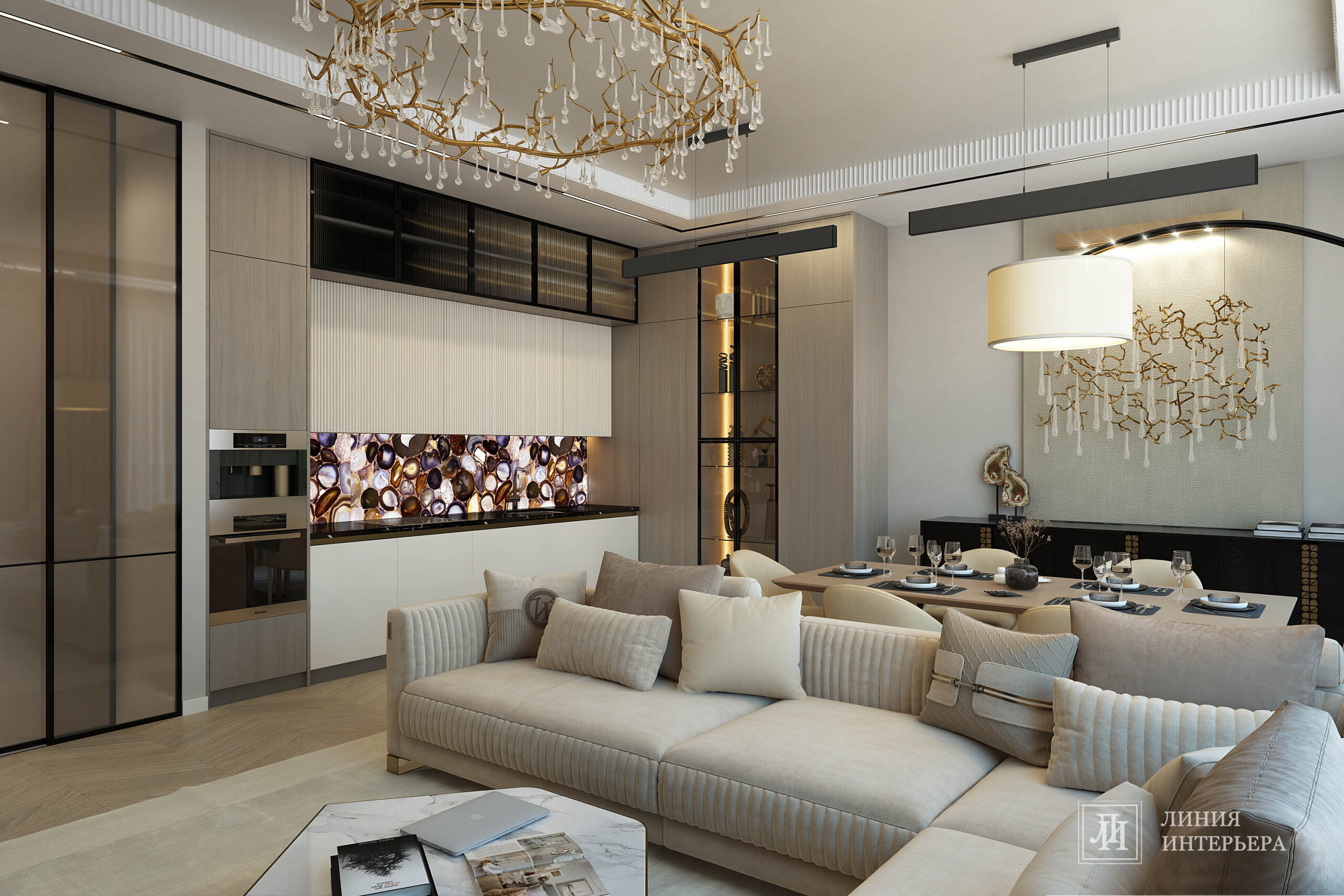 Интерьер гостиной с керамогранитом на стену с телевизором, подсветкой настенной и с подсветкой в современном стиле и в восточном стиле
