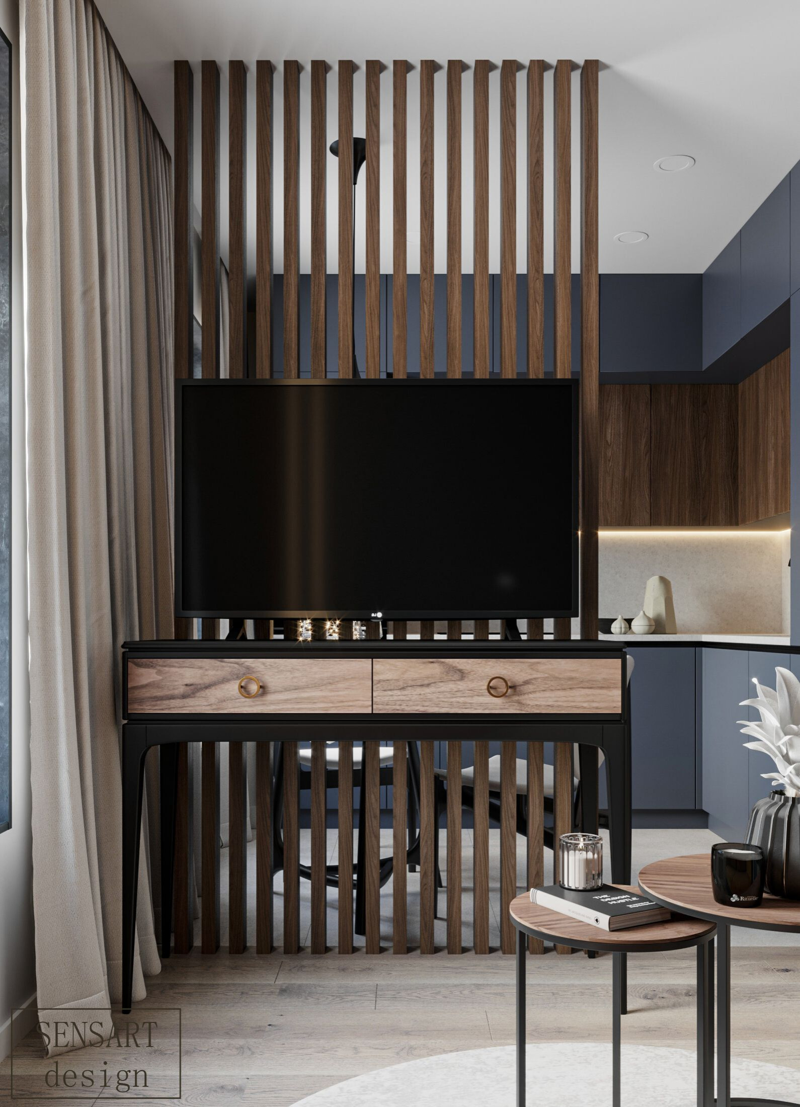 Интерьер гостиной с зонированием рейками, стеной с телевизором, телевизором на рейках, вертикальными жалюзи и рейками с подсветкой в современном стиле
