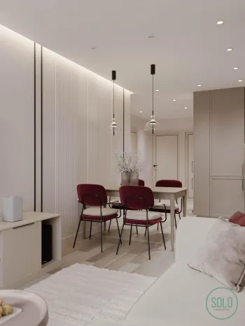 Интерьер cветовыми линиями, светильниками над столом и с подсветкой  смотреть на Basicdecor