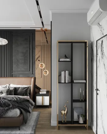 Интерьер спальни с проходной и светильниками над кроватью в современном стиле смотреть на Basicdecor