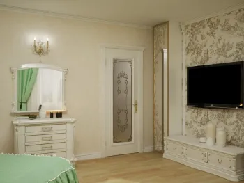 Интерьер спальни с зеркалом на двери  смотреть на Basicdecor