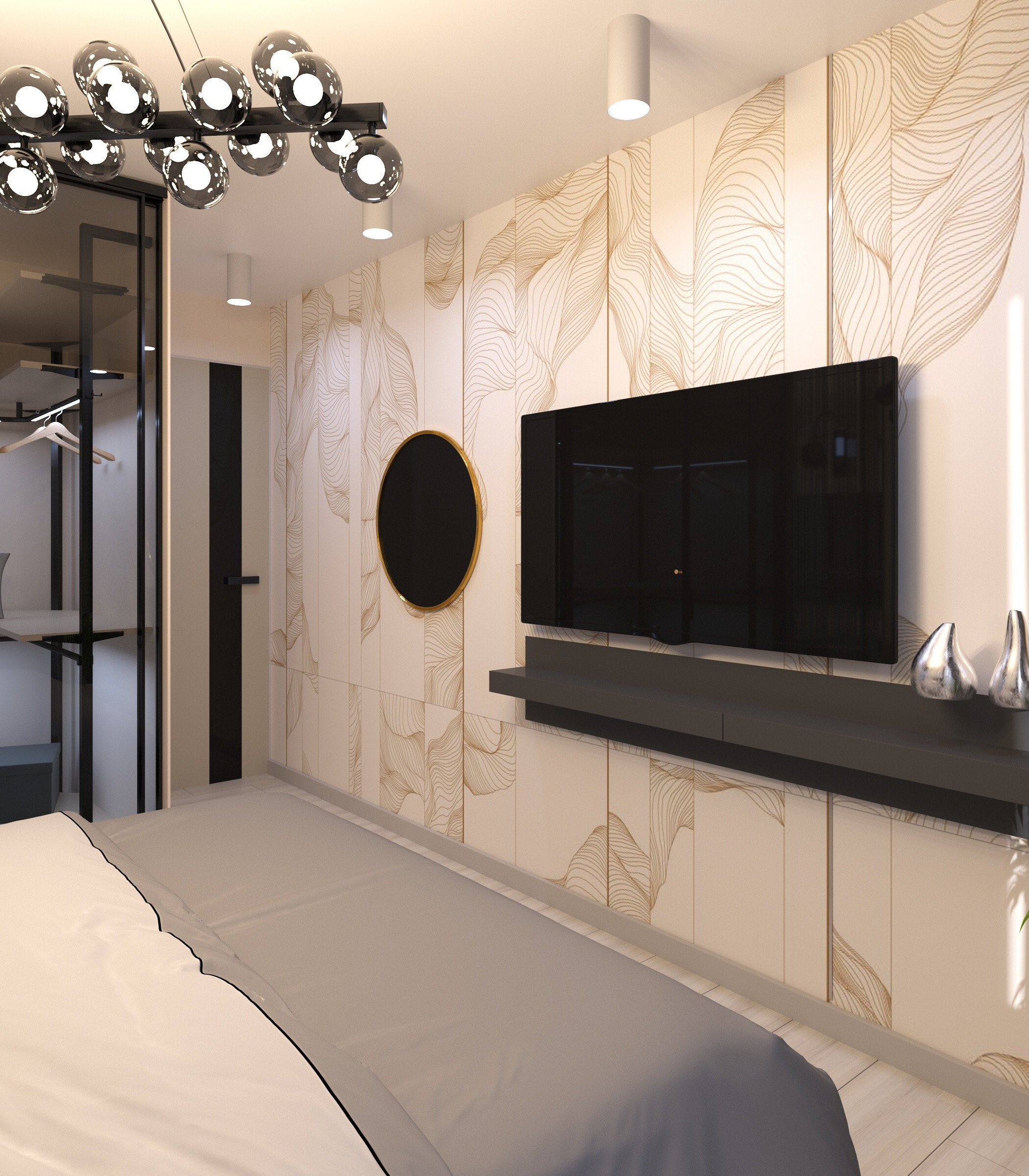 Интерьер гостиной с керамогранитом на стену с телевизором, подсветкой настенной, подсветкой светодиодной, светильниками над кроватью и с подсветкой в современном стиле
