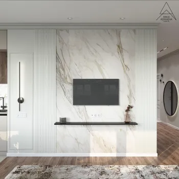 Интерьер с телевизором на стене и аквариумом в стене  смотреть на Basicdecor