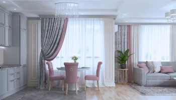 Интерьер столовой с зонированием шторами в неоклассике смотреть на Basicdecor