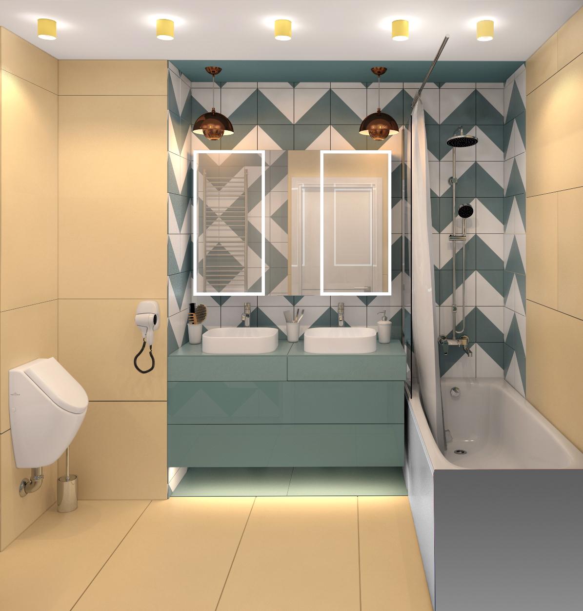 Интерьер ванной с подсветкой настенной и подсветкой светодиодной