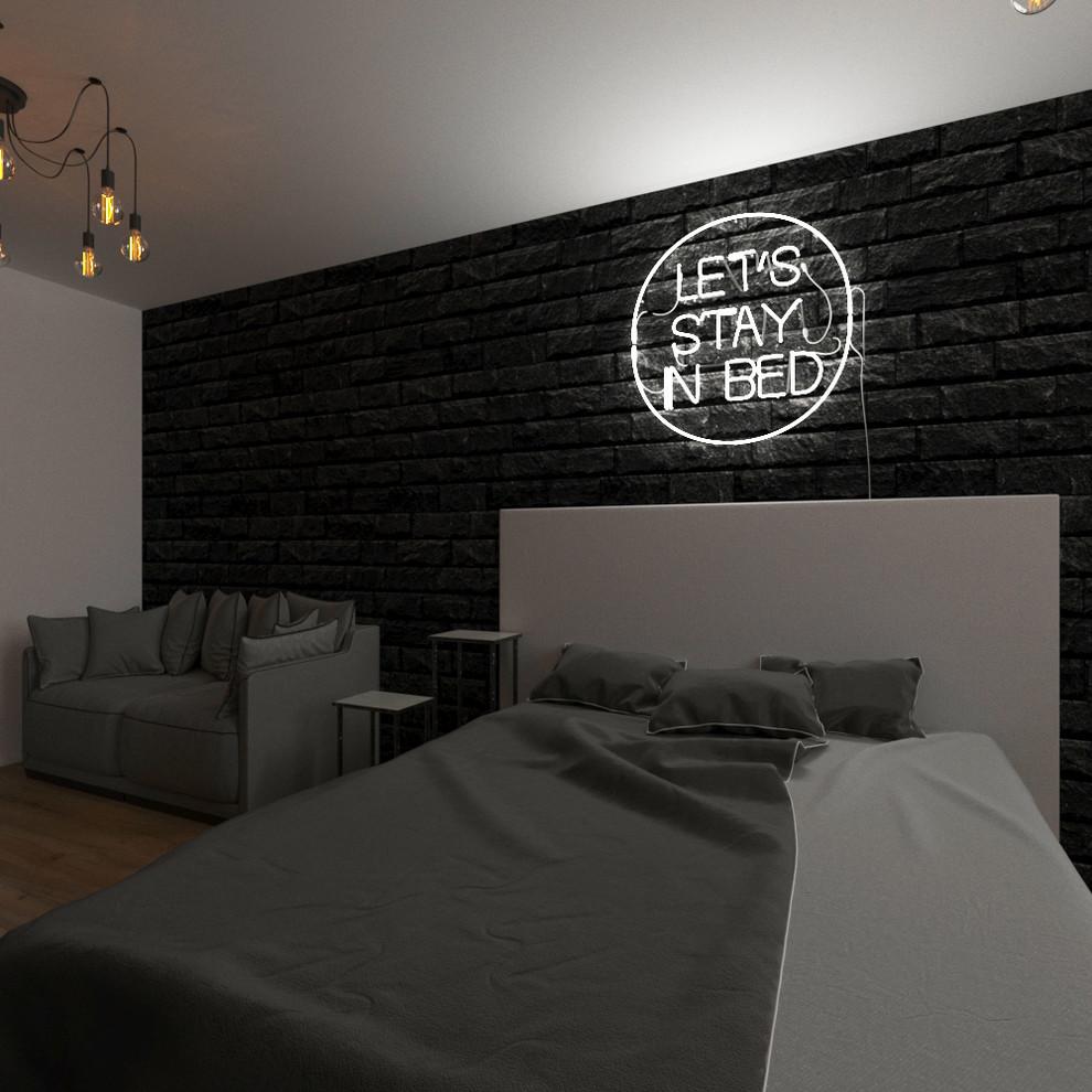 Интерьер спальни с подсветкой настенной и светильниками над кроватью в стиле лофт