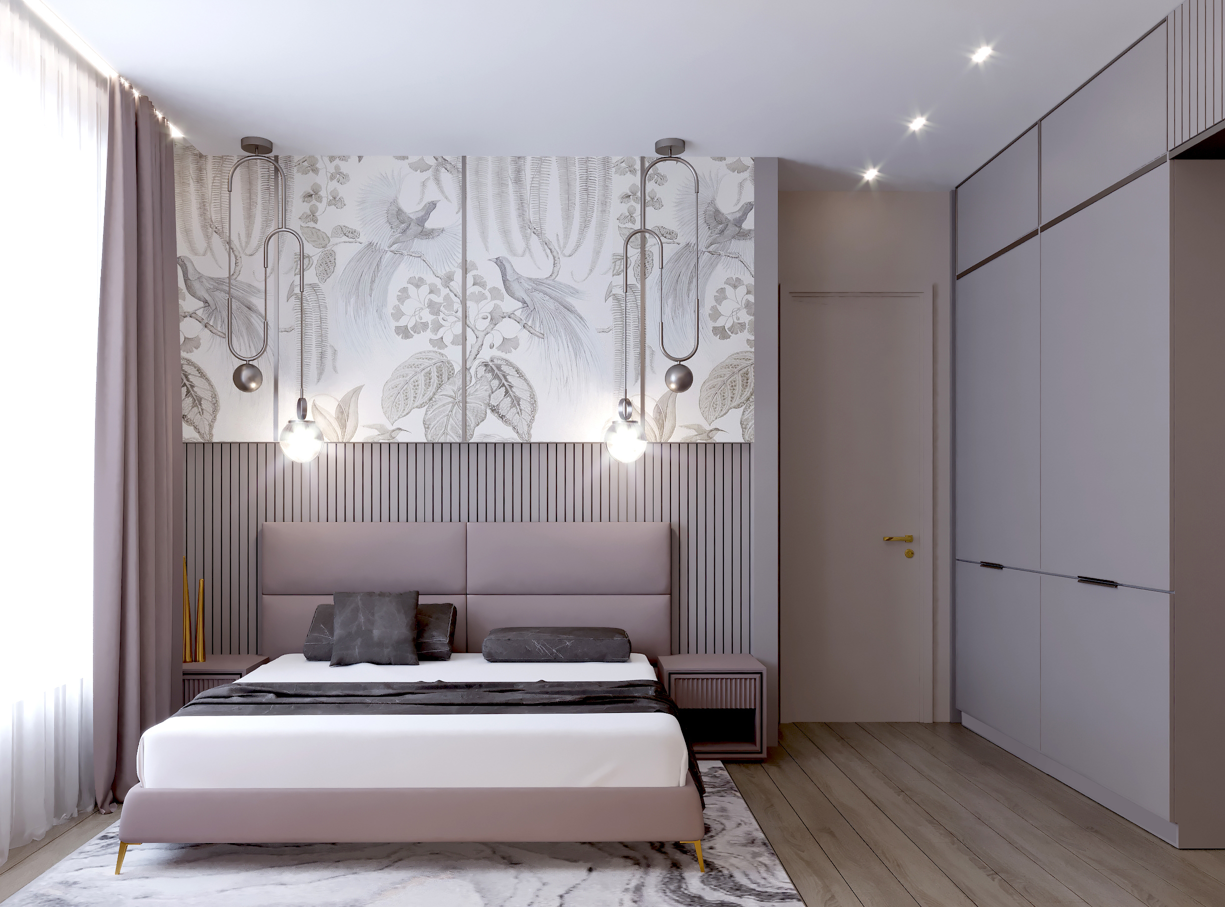 Интерьер спальни cветовыми линиями, подсветкой настенной и светильниками над кроватью