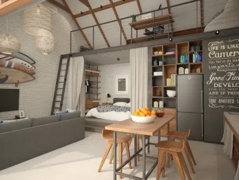 Интерьер с объединенной гостиной и с антресолью  смотреть на Basicdecor