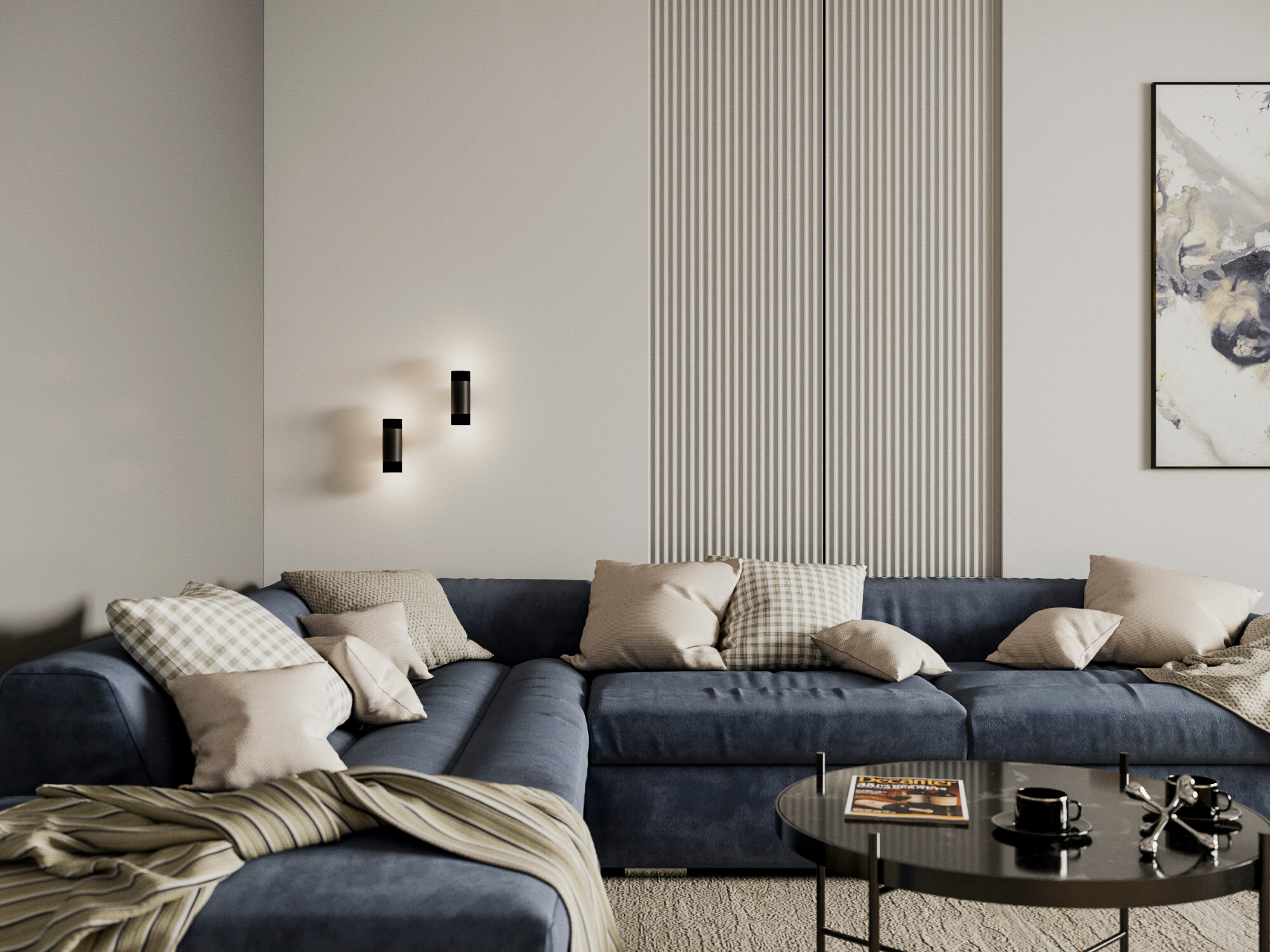 Интерьер гостиной cтеной с телевизором, рейками с подсветкой, подсветкой настенной и подсветкой светодиодной в современном стиле