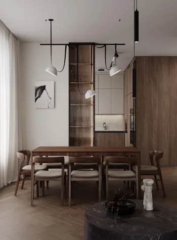 Интерьер столовой cветильниками над столом  смотреть на Basicdecor