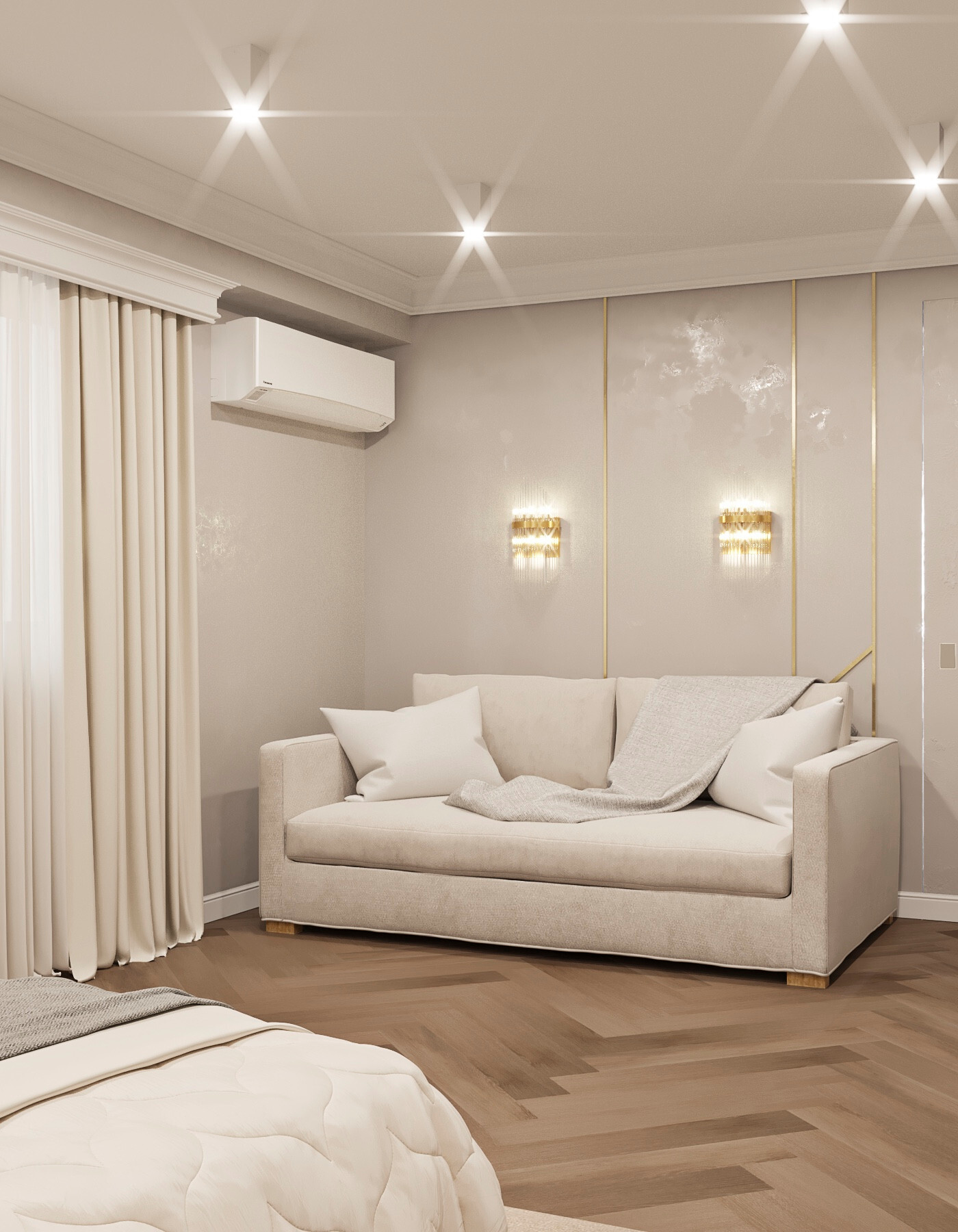 Интерьер спальни с рейками с подсветкой, подсветкой настенной, подсветкой светодиодной и с подсветкой в неоклассике