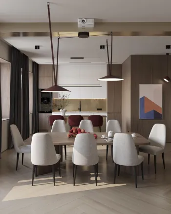 Интерьер столовой cветильниками над столом  смотреть на Basicdecor