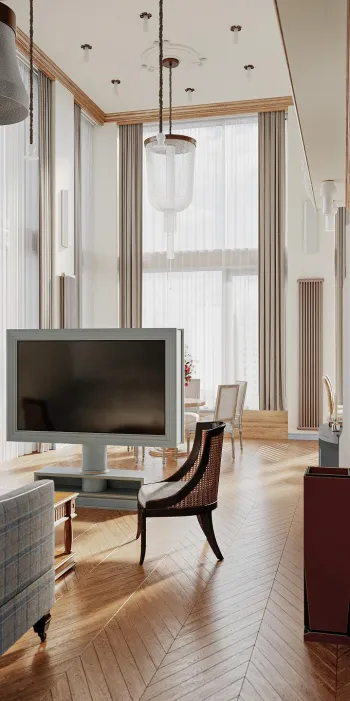 Интерьер гостиной с телевизором на стене  смотреть на Basicdecor