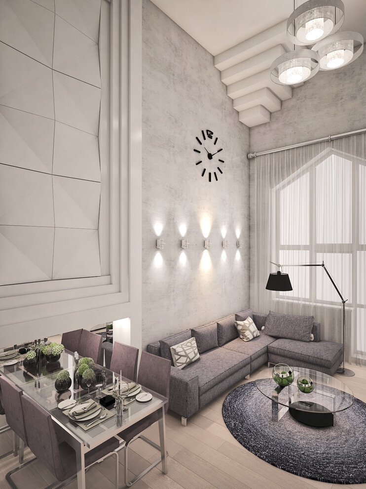 Интерьер гостиной с проходной, подсветкой настенной, подсветкой светодиодной и с подсветкой в модернизме
