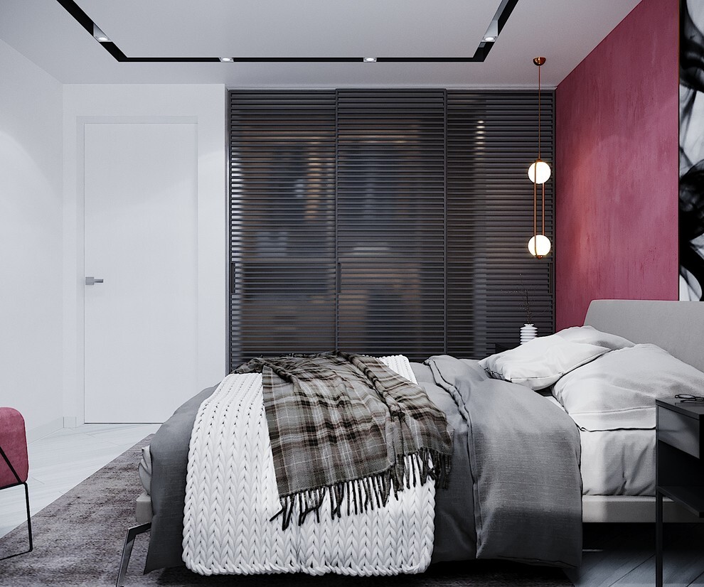 Интерьер спальни с жалюзи, вертикальными жалюзи и дверными жалюзи в стиле лофт