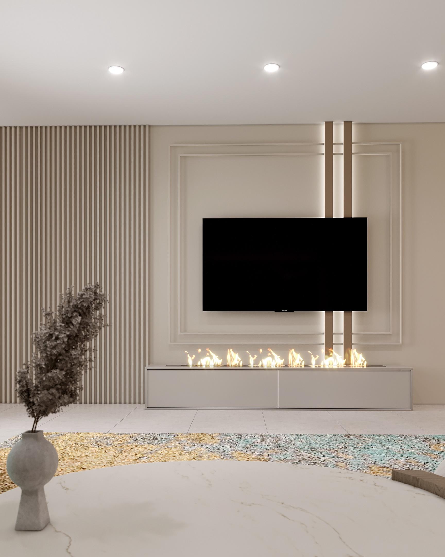 Интерьер гостиной cветовыми линиями, керамогранитом на стену с телевизором, подсветкой настенной и подсветкой светодиодной